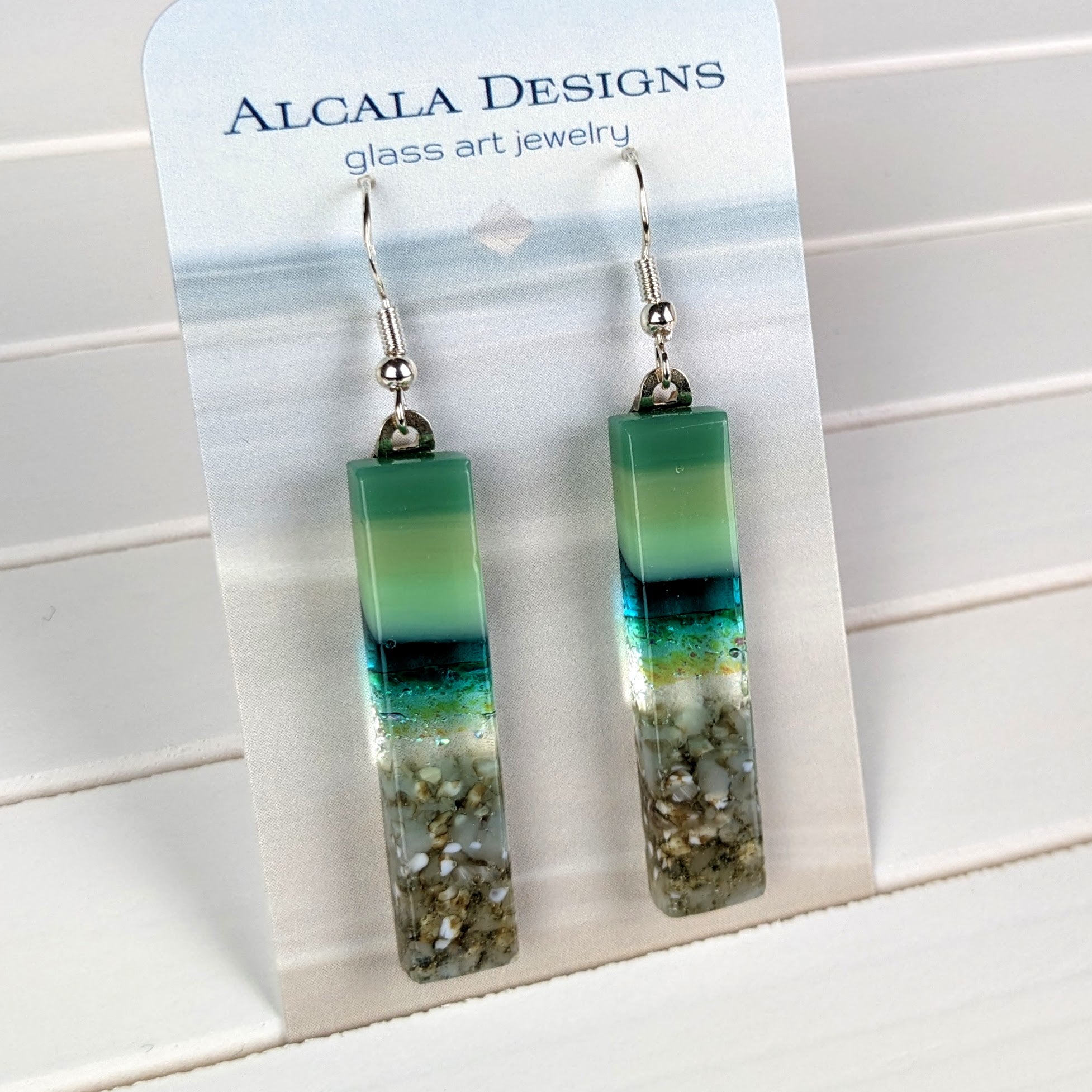 Jade Green Teal Fused Dichroic Glass Aquascape Dangle Earrings