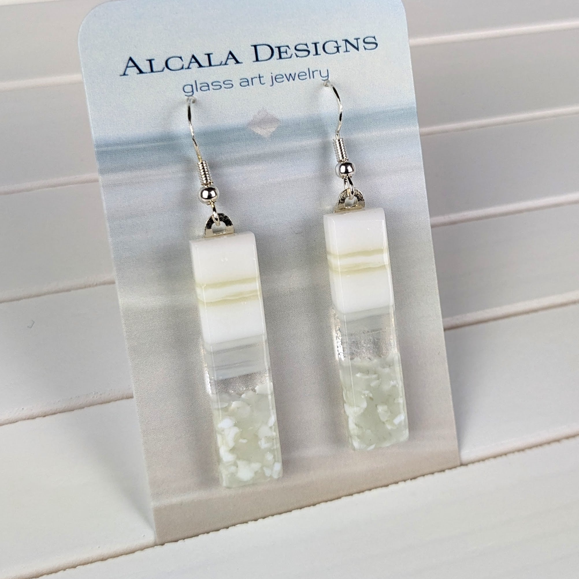 White Cream Seascape Dangle, Handmade Fused Dichroic Glass Beach Ocean Earrings