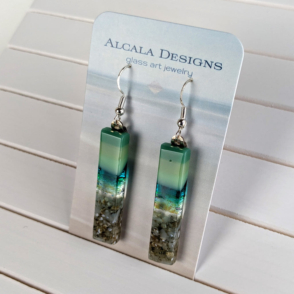 Jade Green Teal Fused Dichroic Glass Aquascape Dangle Earrings