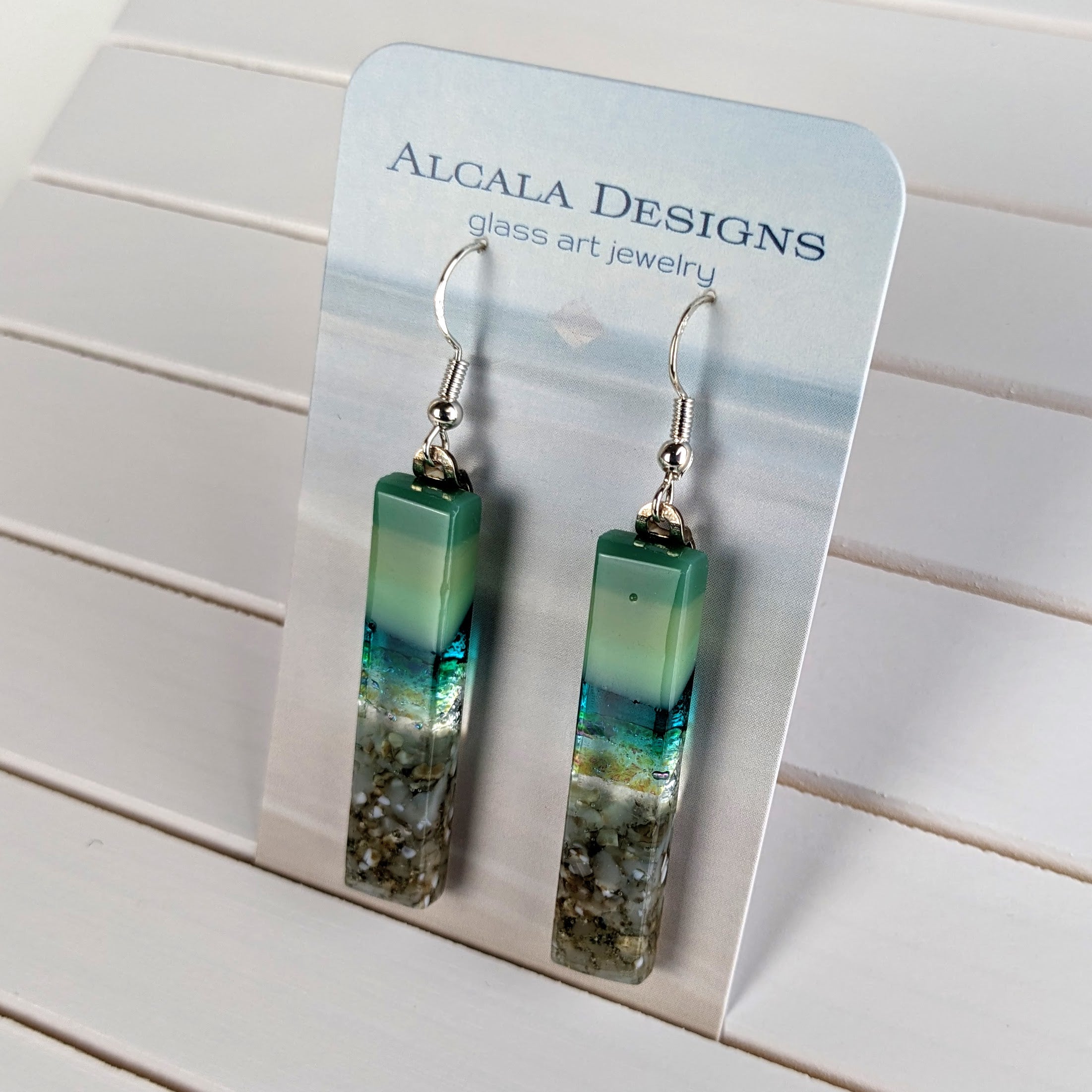 Jade Green Teal Fused Dichroic Glass Aquascape Dangle Earrings