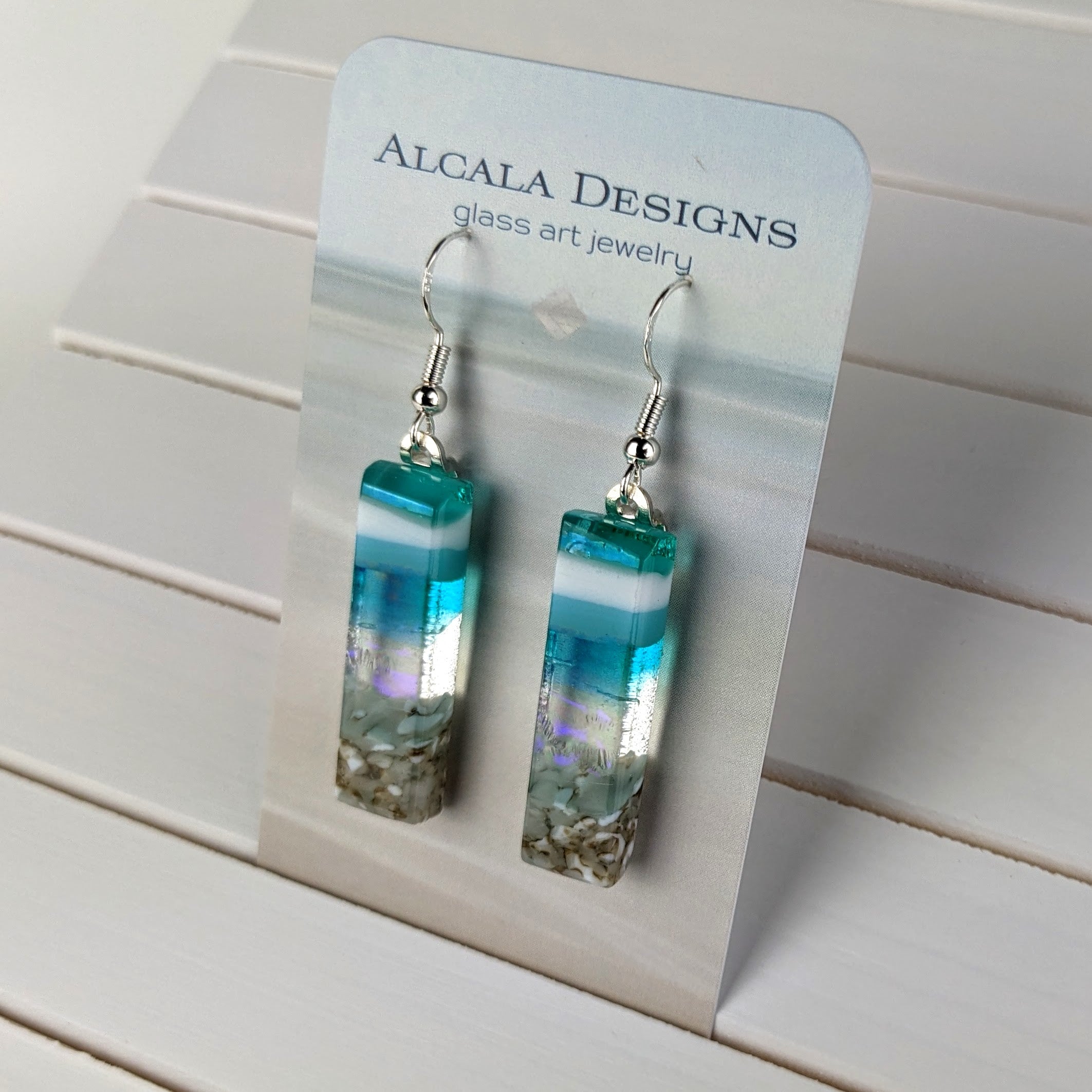 Light Sky Blue Shimmer Fused Dichroic Glass Aquascape Dangle Earrings