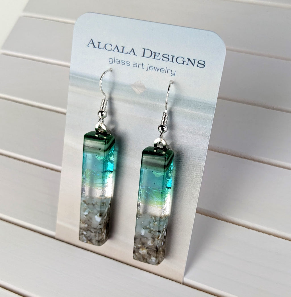 Clear Aqua Green Shimmer Fused Dichroic Glass Aquascape Dangle Earrings