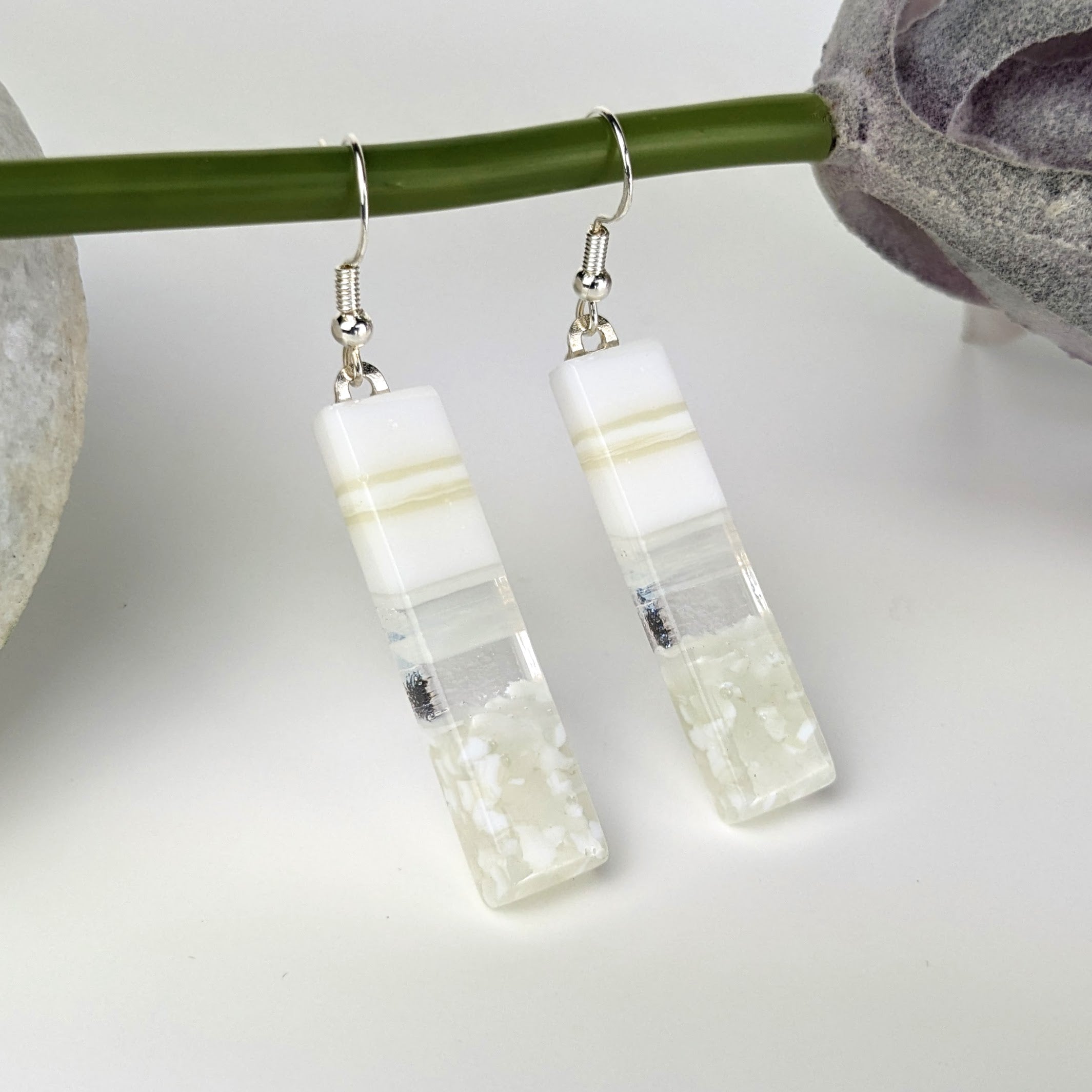 White Cream Seascape Dangle, Handmade Fused Dichroic Glass Beach Ocean Earrings
