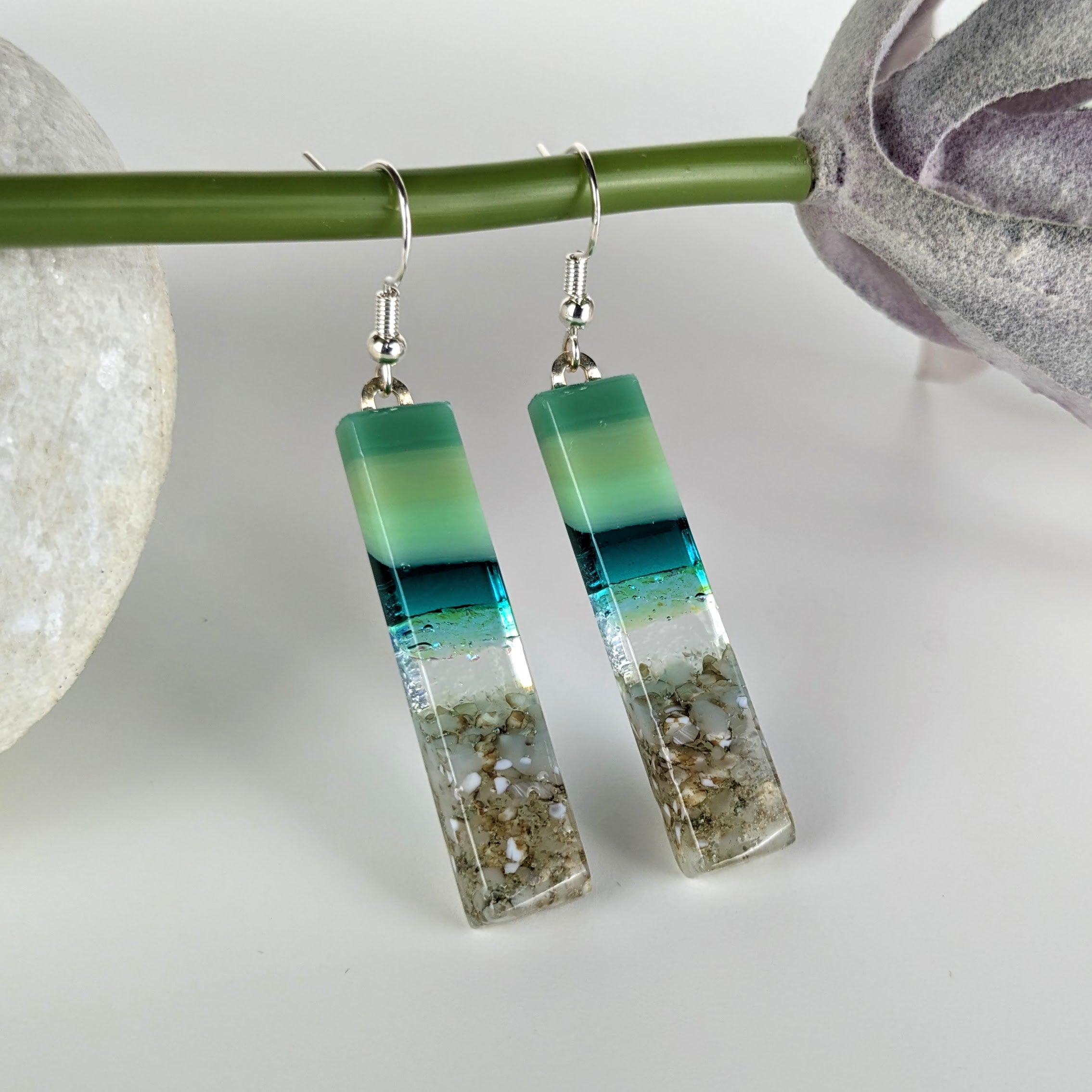 Jade Green Teal Fused Dichroic Glass Aquascape Dangle Earrings