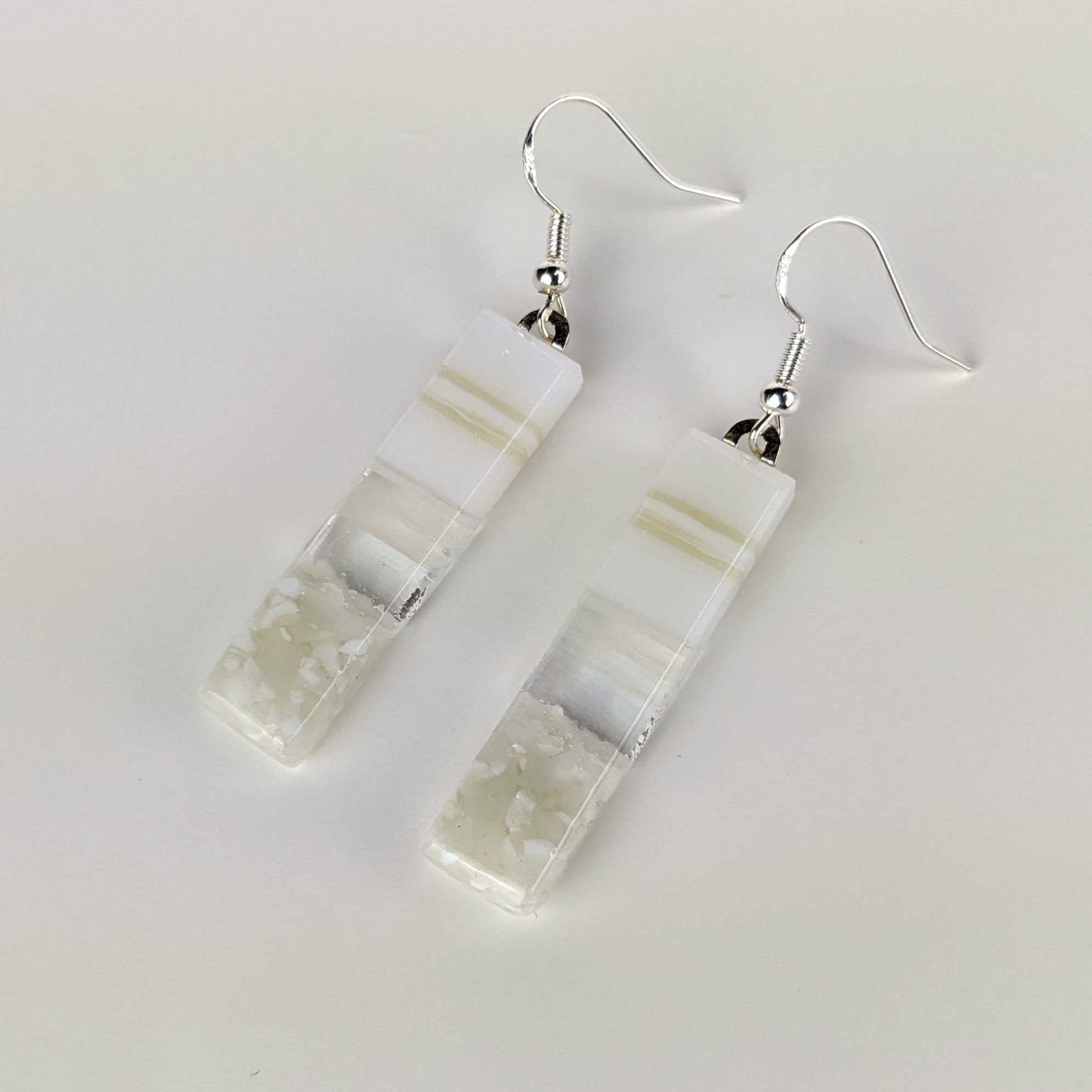 White Cream Seascape Dangle, Handmade Fused Dichroic Glass Beach Ocean Earrings