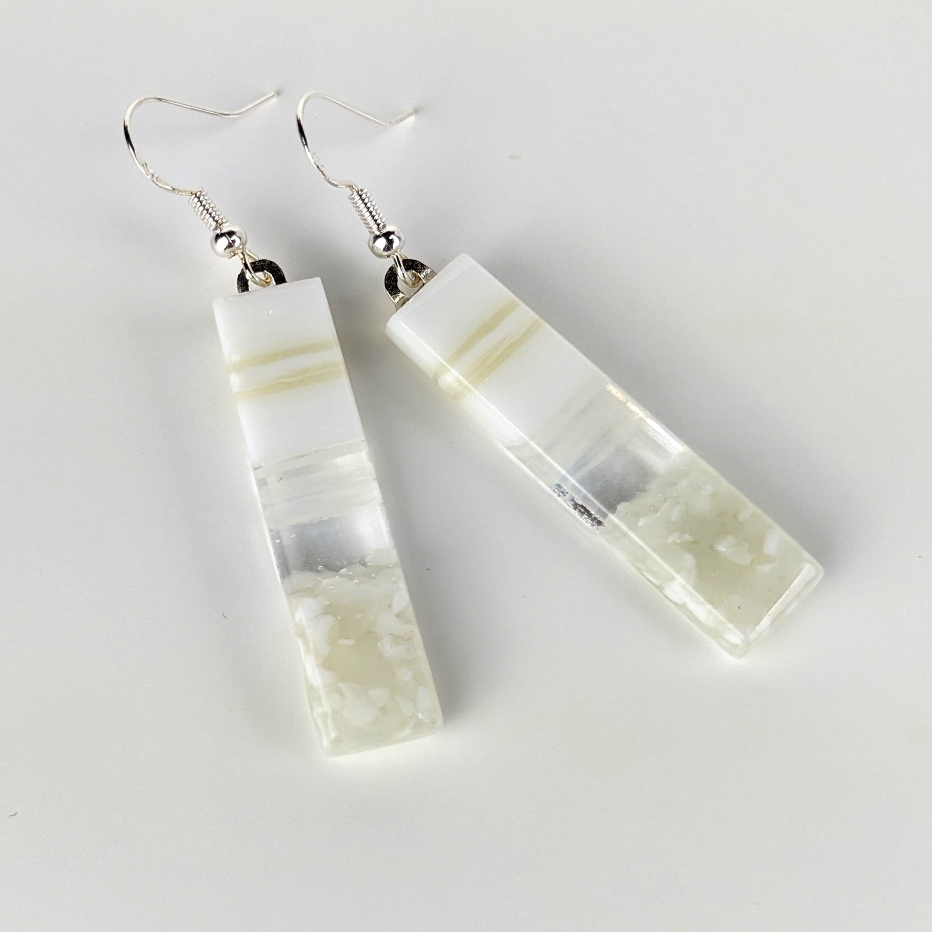 White Cream Seascape Dangle, Handmade Fused Dichroic Glass Beach Ocean Earrings