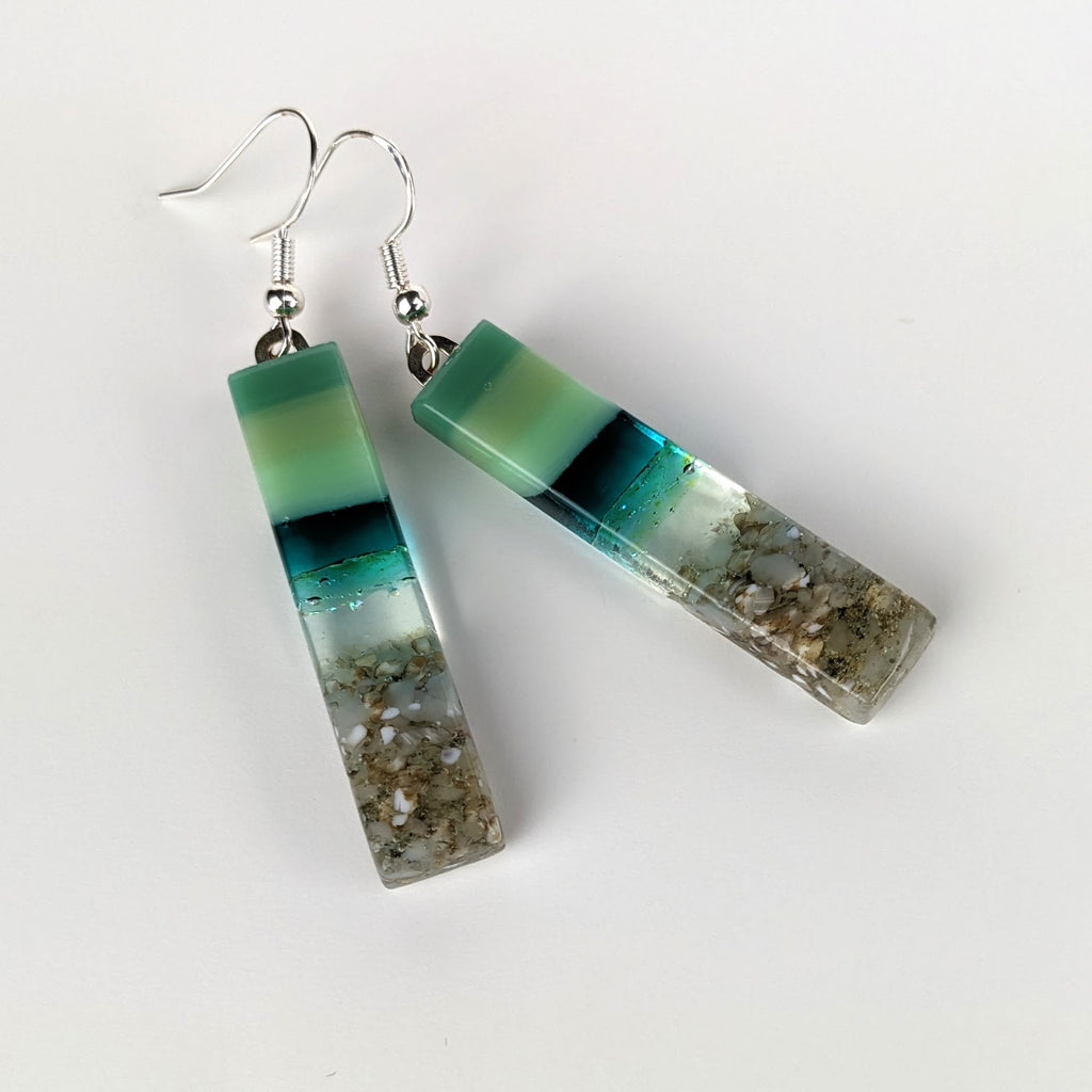 Jade Green Teal Fused Dichroic Glass Aquascape Dangle Earrings