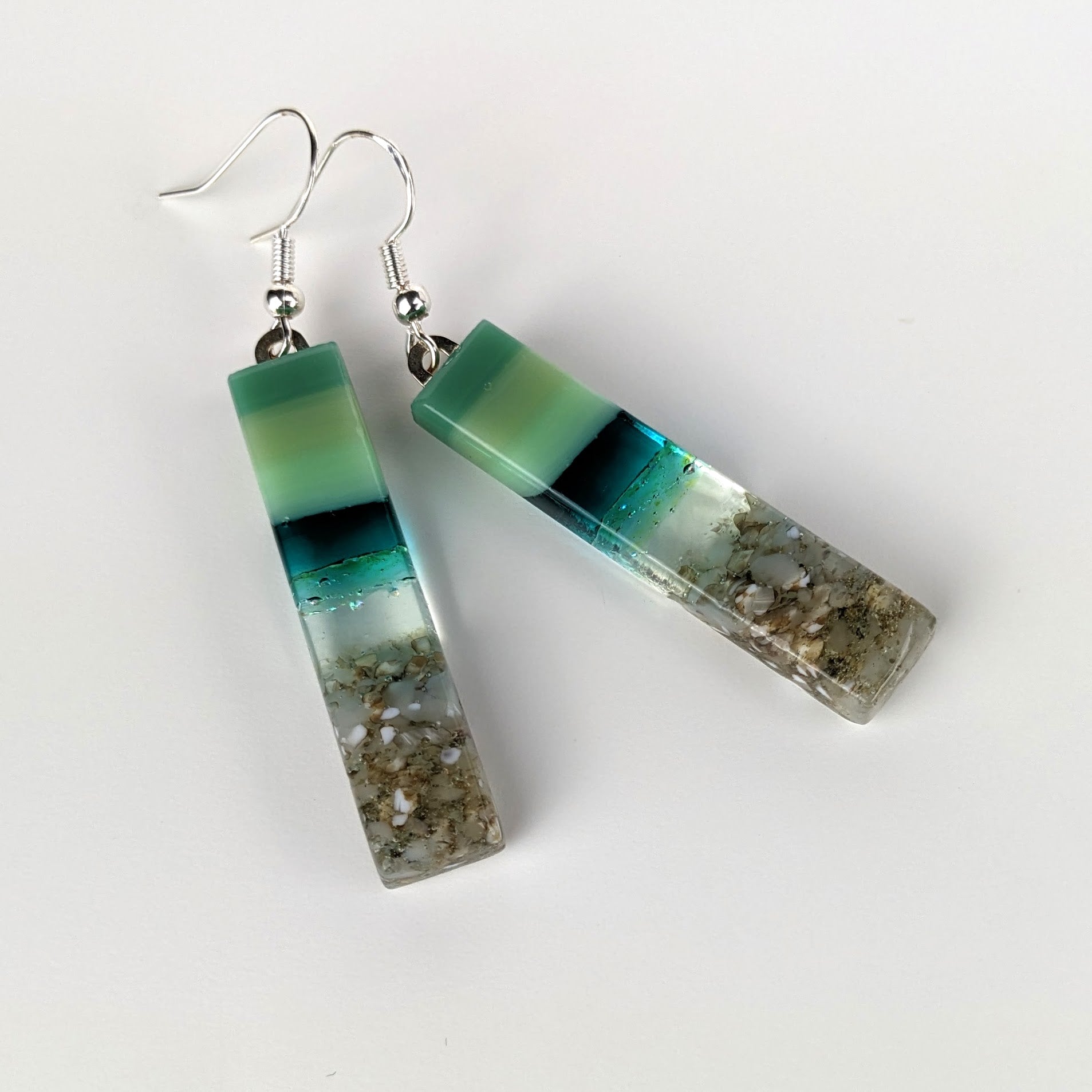 Jade Green Teal Fused Dichroic Glass Aquascape Dangle Earrings