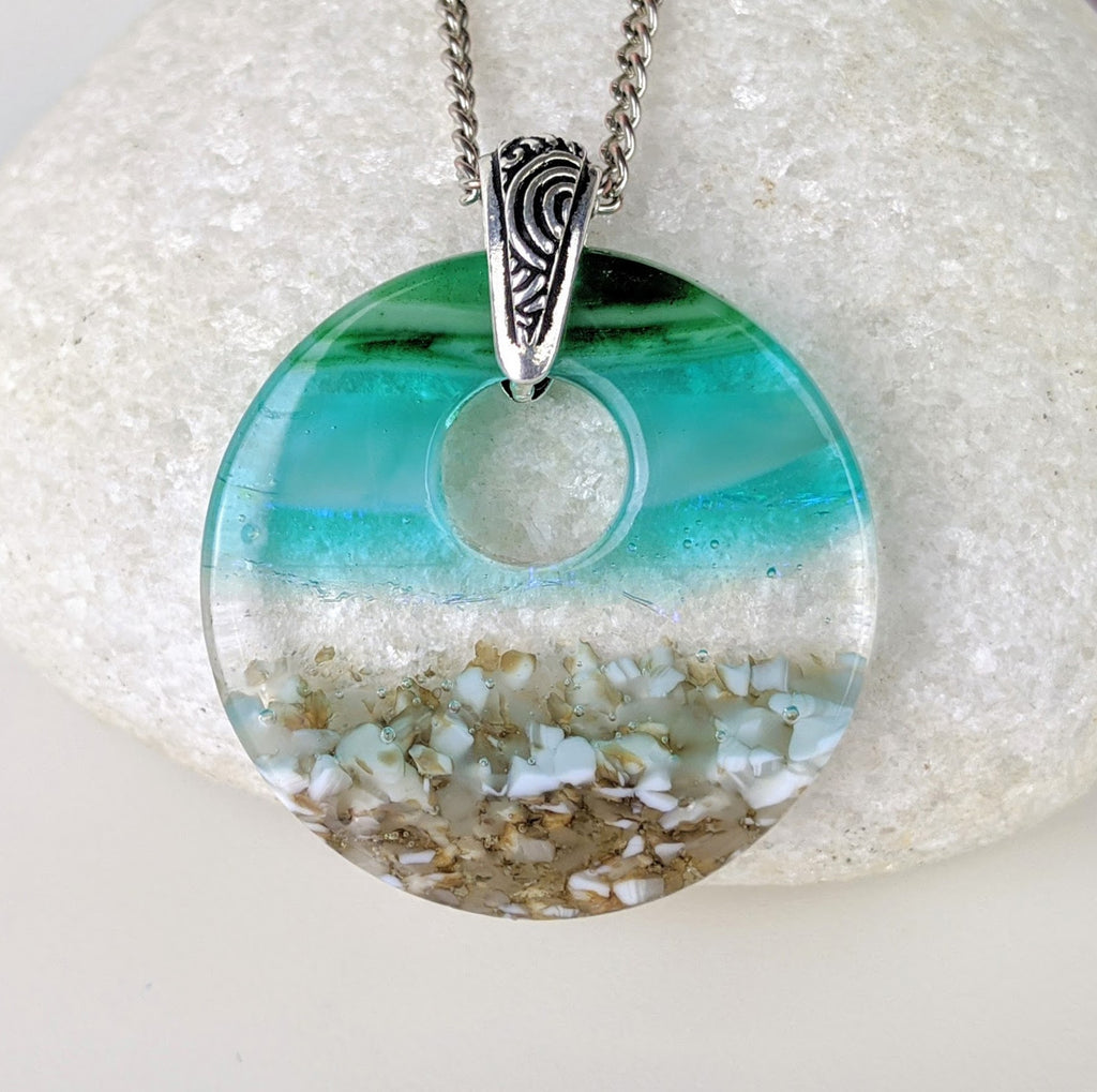 Aqua Green Standard Fused Dichroic Glass Aquascape Round Necklace