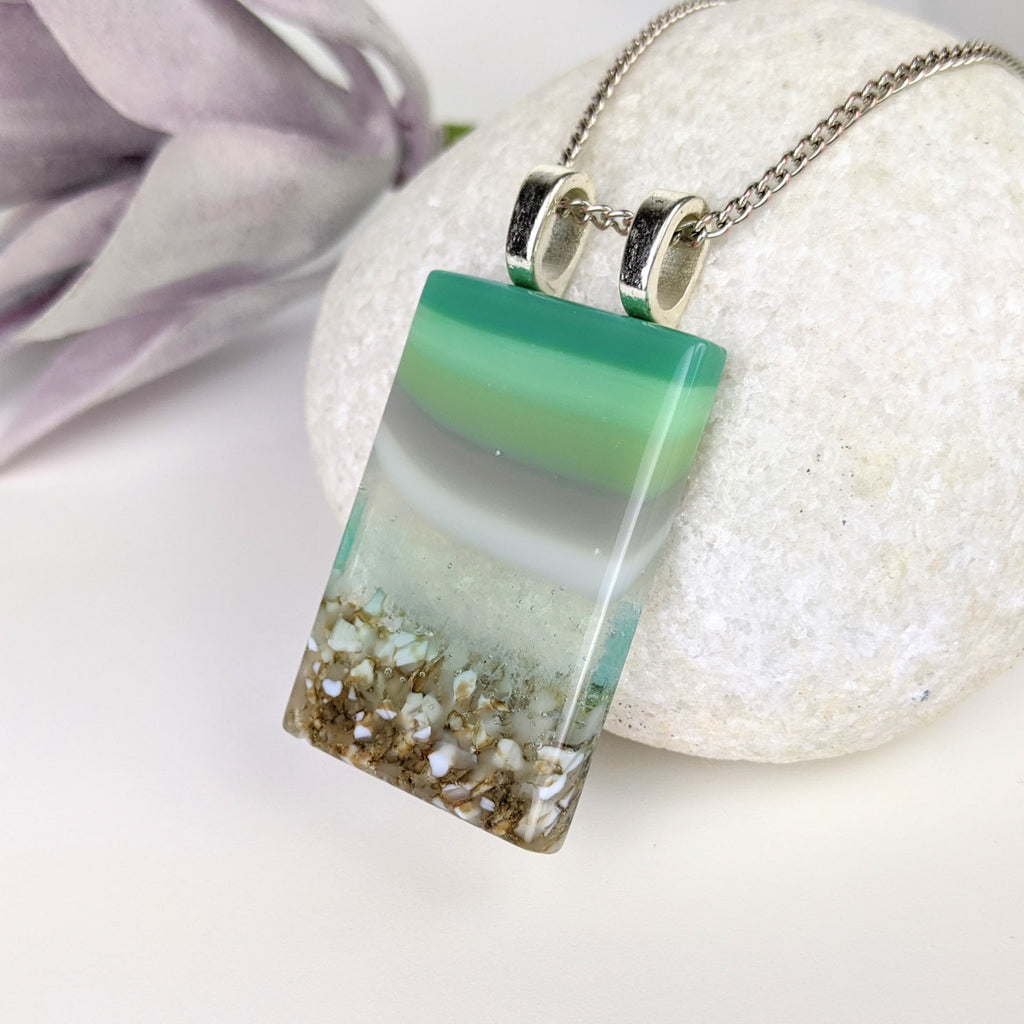 Jade Green Mint Gray Seascape, Handmade Dichroic Fused Glass Beach Pendant Necklace