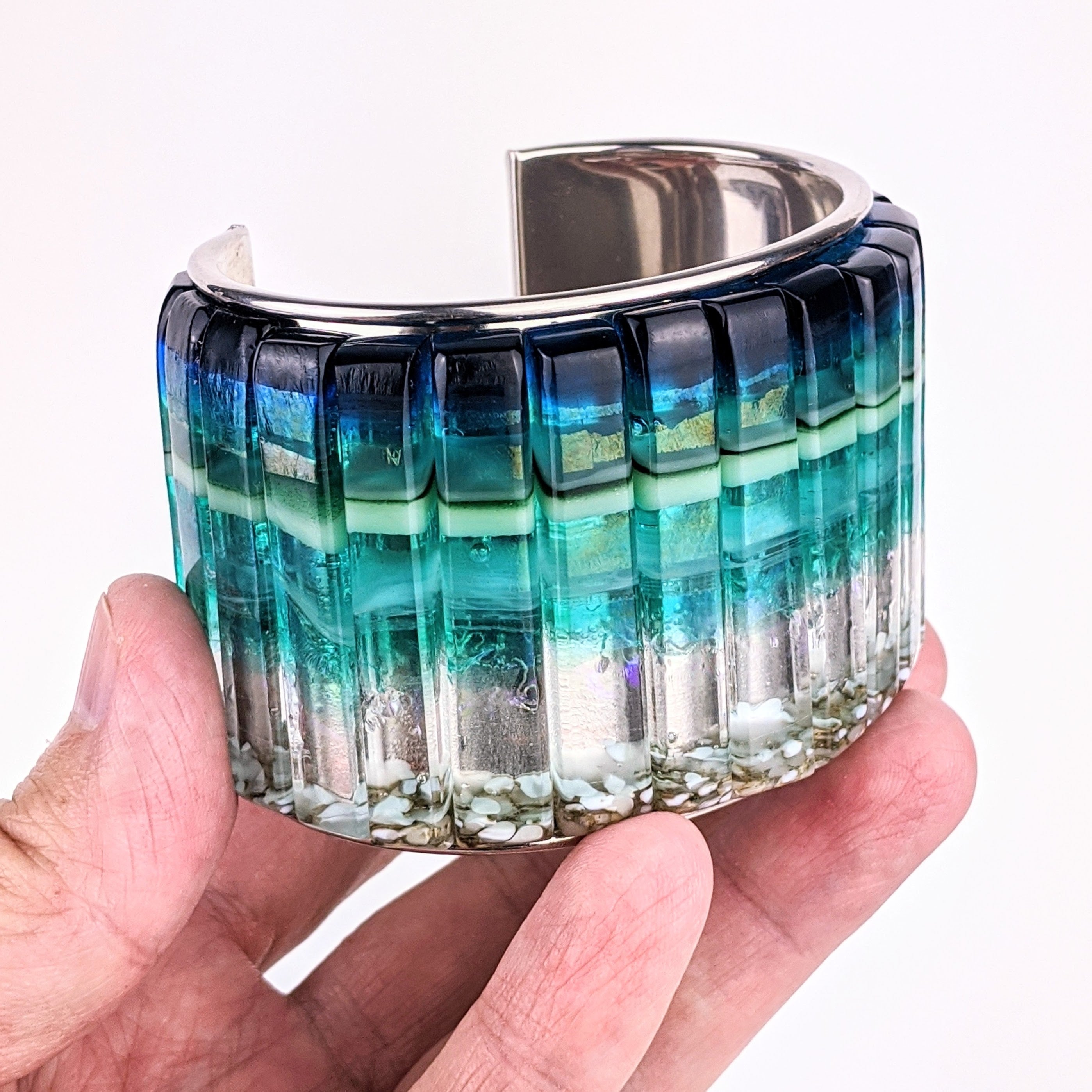 Ocean Blue Cuff Statement Bracelet, X-Large Fused Dichroic Glass Handmade Art Fashion Jewelry